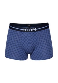 Boxer-briefs pour hommes bleus avec un motif géométrique et une ceinture noire avec le logo blanc JOOP! centré à l'avant.