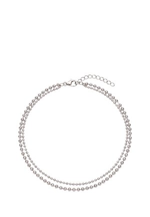 Double-layer silver beaded chain necklace with adjustable clasp and extension links on white background.