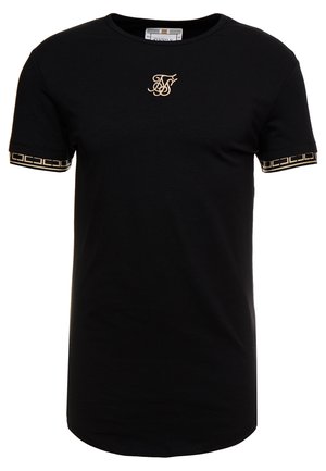 Zwarte katoenen T-shirt met een opvallend goud geborduurd logo op de borst en gouden accentpatronen op de korte mouwen.