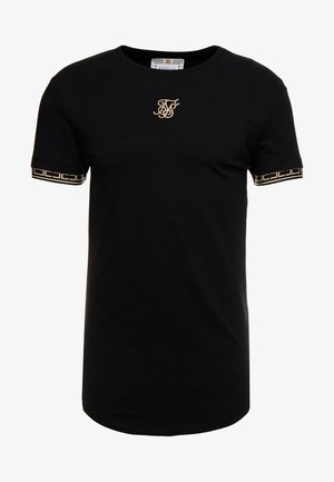 T-shirt in cotone nero con un logo dorato ricamato in evidenza sul petto e motivi dorati sulle maniche corte.