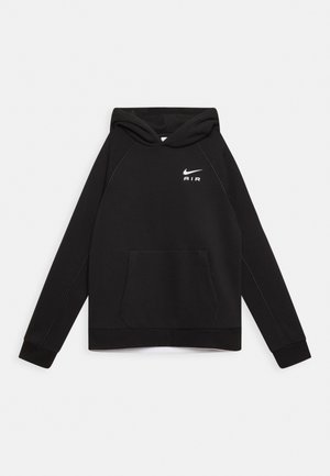 Sudadera con capucha negra con bolsillo frontal, capucha con cordón y logo de Nike blanco en el pecho. Presenta mangas ranglán y puños acanalados.