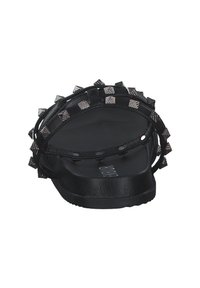 Black sandal with studded strap design, featuring a flat sole and textured upper. Notable spikes add visual interest to the strap.