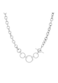 Zilveren metalen ketting met een ontwerp van onderling verbonden cirkelvormen en een toggle sluiting, met een gepolijste afwerking en een slank design.
