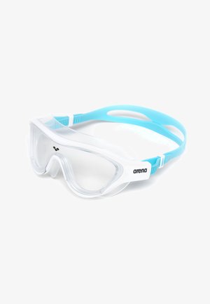 Kirkas uimalasi valkoisella rungolla ja vaaleansinisillä yksityiskohdilla. Suunnittelussa on kaareva linssi ja säädettävä silikoni hihna.