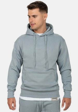 Sweat-shirt à capuche gris clair avec une poche avant, des cordons ajustables, des poignets en côte et une broderie de logo discrète sur la poitrine et l'ourlet.