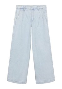Pantaloni in denim azzurro chiaro con gamba ampia, caratterizzati da una vita alta e pieghe frontali, rifiniti con un orlo classico.