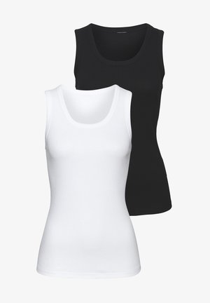 Dos camisetas sin mangas: una blanca y una negra. Ambas presentan una textura acanalada, un diseño de escote redondeado y están hechas de una tela ligera y elástica.