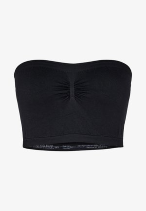 Top bandeau nero senza spalline realizzato in un tessuto morbido e stretch con una cucitura centrale plissettata. Bordo senza cuciture e texture liscia.
