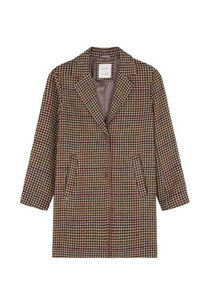 Brązowa marynarka w kratę z klapami z wycięciami, dwoma przednimi kieszeniami i zapięciem na guziki. Tkanina zdobiona jest misternymi wzorami jodełki i kratki.