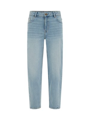 Šviesiai mėlynos spalvos džinsai tiesiomis kojomis, su penkiomis kišenėmis, sagos užsegimu ir subtiliais raukšlelių raštais. Minkšta tekstūra ir klasikinis prigludimas.