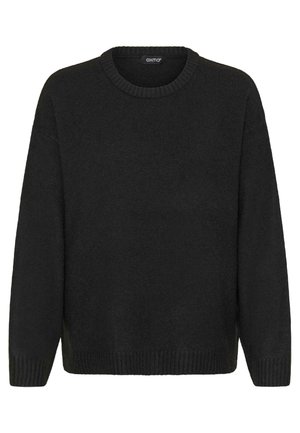 Pull en maille noire avec un col rond, des manches longues et des poignets et un ourlet côtelés. Texture douce et coupe ample. Étiquette de marque visible à l'intérieur.