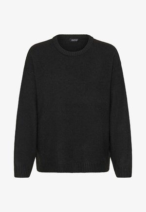 Črn pleten pulover z okroglim izrezom, dolgimi rokavi ter rebrastimi manšetami in robom. Mehka tekstura in ohlapen kroj. Oznaka blagovne znamke vidna znotraj.