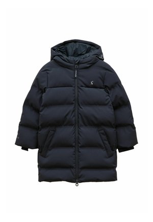 Czarna pikowana zimowa kurtka z kapturem, zamkiem z przodu, bocznymi kieszeniami i małym logo na piersi, zaprojektowana z myślą o cieple i zimnej pogodzie.