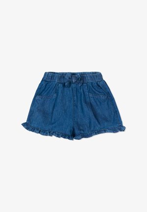 Pantaloncini da bambino in denim blu con vita elastica, tasche frontali, dettaglio con fiocco e orli arricciati.