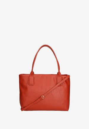 Borsa tote in pelle rossa con due manici corti e una tracolla rimovibile. Superficie testurizzata, forma rettangolare, senza parti metalliche visibili.