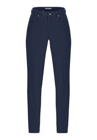 Marineblauwe stretchbroek met een slim fit, voorzien van voorzakken, riemlussen en een knoop met ritssluiting aan de voorkant. Glad textuur van de stof.