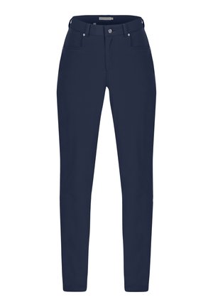 Marinblå stretchbyxor med slim fit, som har framfickor, bältesöglor och en framknapp med dragkedjestängning. Slät tygtextur.