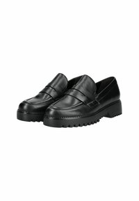Sorte læder loafers med en lav, chunky sål. Har et bånd over forsiden og detaljeret syning langs kanten. Glat tekstur.