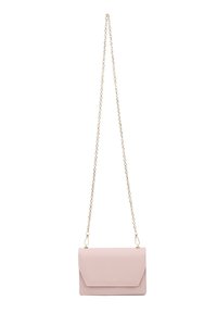Borsa a tracolla in pelle rosa con catena dorata, dotata di chiusura a pattina, texture in rilievo e discreto logo sulla parte anteriore.