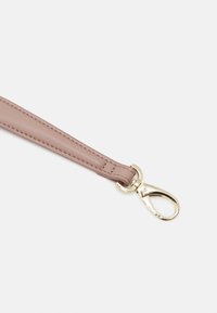 Leather strap in soft mauve with a smooth texture, featuring a gold metal clasp for secure attachment. Simple and sleek design.