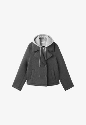 Grey cropped jacket with double-breasted design, large collar, and a gray hood. Features two side pockets and a soft textured fabric.