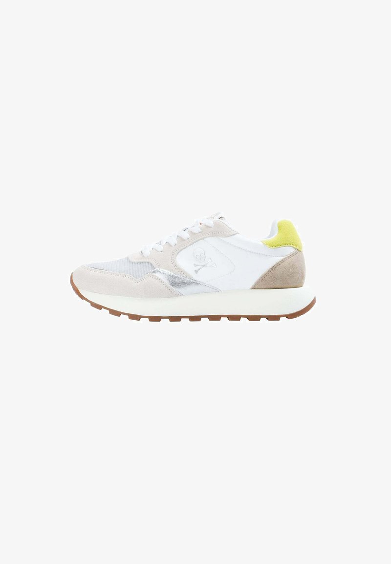 Lightweight sneakers featuring a combination of white synthetic upper, gray suede accents, and a yellow heel tab, with a textured sole.