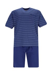 Donkerblauw T-shirt met korte mouwen en V-hals, voorzien van horizontale strepen en een zak, gecombineerd met effen donkerblauwe shorts van zachte stof.