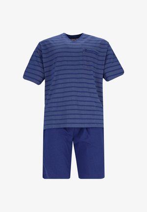 Donkerblauw T-shirt met korte mouwen en V-hals, voorzien van horizontale strepen en een zak, gecombineerd met effen donkerblauwe shorts van zachte stof.