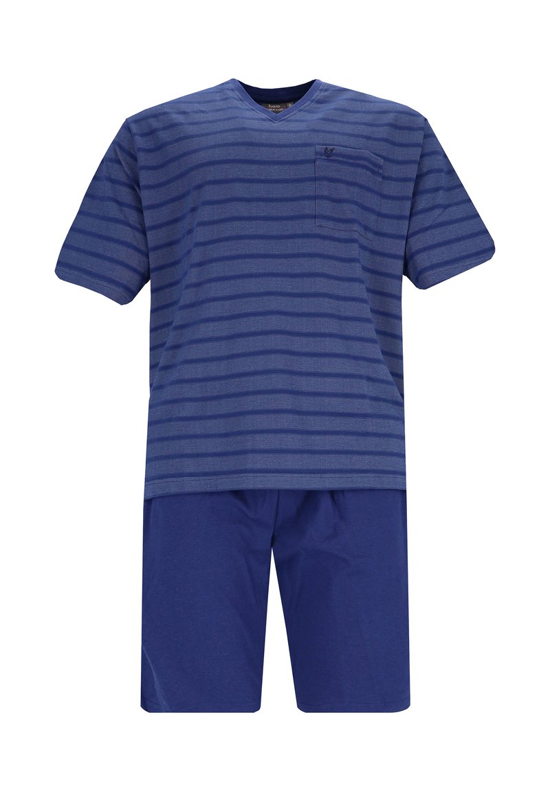 Donkerblauw T-shirt met korte mouwen en V-hals, voorzien van horizontale strepen en een zak, gecombineerd met effen donkerblauwe shorts van zachte stof.