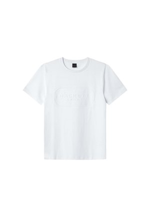 Weißes Baumwoll-T-Shirt mit kurzen Ärmeln, Rundhalsausschnitt und geprägtem "HACKETT SPORT"-Logo auf der Vorderseite. Glatte Textur und normale Passform.