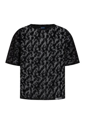 Top nero a maniche corte in tessuto trasparente con motivo floreale in velluto su tutta la superficie, scollo tondo e piccola etichetta con logo bianco sull'orlo inferiore.