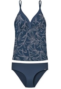 Navy sininen bikinit asu, jossa on kukkakuvioinen valkoinen tankini yläosa, säädettävät olkaimet ja vastaavat matalan vyötärön alaosat.