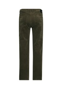 Olivgrüne Cordhose mit geradem Bein, zwei Gesäßtaschen und einer strukturierten Stoffoberfläche. Keine sichtbaren Beschläge.