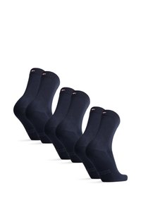 Fempack mörknavy strumpor med ribbad manschett, slät textur och subtil logotypdetalj vid vristen. Standard längddesign för crew-strumpor.