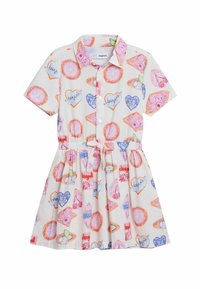 Abito camicia a maniche corte in tessuto leggero con cintura in vita, caratterizzato da una stampa colorata di ciambelle, cuori e disegni giocosi su sfondo crema.