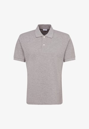 Graues Polohemd aus weichem Stoff, mit klassischem Kragen, einer Zwei-Knopf-Leiste und kurzen Ärmeln ohne Muster oder Akzente.