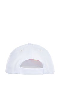 Gorra de béisbol blanca con visera curva, correa ajustable en la parte trasera y forro interior colorido con un diseño visible a través de la abertura.