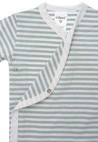 Light blue and white striped infant onesie with a wrap design, featuring snap closures and a white trim around the neckline. Soft cotton material.
