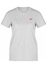 Grå kortärmad V-ringad T-shirt i bomull, med en liten röd Levi's-logotyp på vänster bröstområde. Mjuk textur, avslappnad passform.