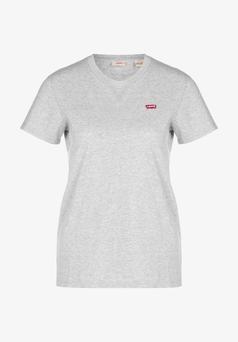 Grå kortärmad V-ringad T-shirt i bomull, med en liten röd Levi's-logotyp på vänster bröstområde. Mjuk textur, avslappnad passform.
