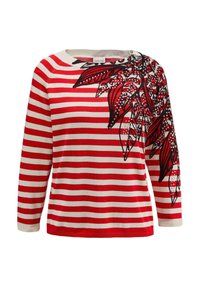 Rood en crèmekleurig gestreept sweater met lange mouwen, met een zwart bloemenpatroon op de schouder. Gemaakt van zachte gebreide stof.