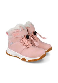 Botas impermeables rosas con forro de pelo sintético, diseño con cordones, cordones elásticos y suela de goma, con parte superior texturada y correa de Velcro.