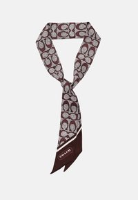 Sciarpa di seta con un motivo circolare bordeaux e bianco. Estremità affusolate con una sezione di marca marrone scuro all'estremità.