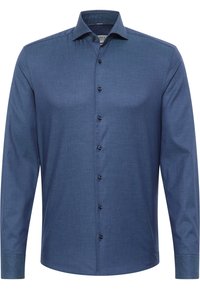 Blue long-sleeve button-up shirt, made of textured fabric, featuring a classic collar and dark buttons along the front. Straight hem at the bottom.