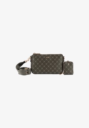 Borsa a tracolla verde a fantasia realizzata in materiale sintetico, con una piccola pochette removibile e accessori in tonalità oro.