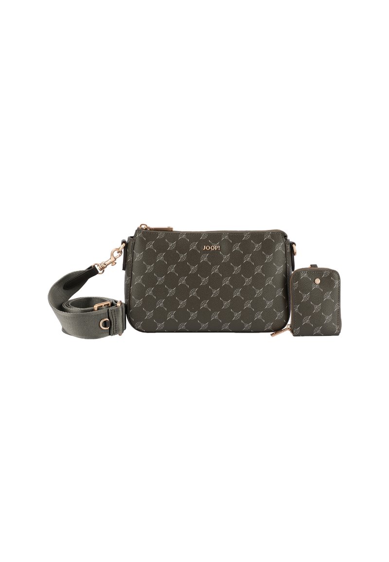 Zelená vzorovaná crossbody taška vyrobená z syntetického materiálu, s odnímatelnou malou taštičkou a zlatými kovovými detaily.