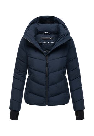 Navy blue puffer jacket with a detachable hood, zippered front, elastic cuffs, and quilted design. Features logo tag inside collar.