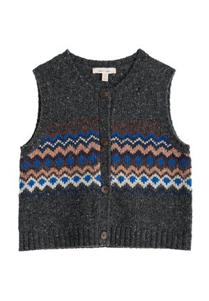 Gilet en tricot gris avec un motif Fair Isle dans des tons de bleu, de marron et de crème. Il présente un col rond et cinq boutons marron.