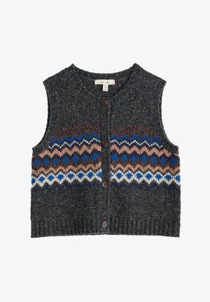 Graue Strickweste mit einem Fair-Isle-Muster in Blau-, Braun- und Cremetönen. Verfügt über einen runden Ausschnitt und fünf braune Knöpfe.
