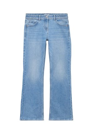 Hellblaue Jeans aus Denim mit leicht ausgestelltem Bein, ausgestattet mit vorderen Taschen, Gürtelschlaufen und Knopfverschluss.